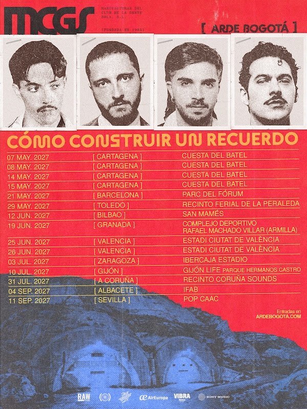 Cartel de la gira «Cómo construir un recuerdo» de Arde Bogotá para 2027, con las fechas y ciudades de los 15 conciertos en España.